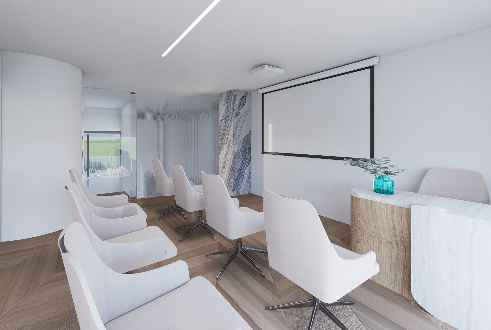 Bright seminar room with white swivel chairs facing a projector screen