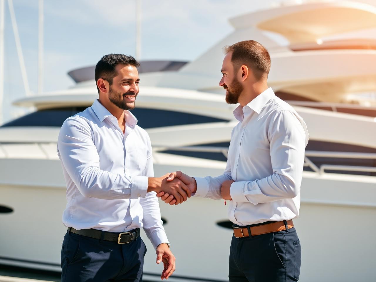 Industry partners shaking hands at a marina