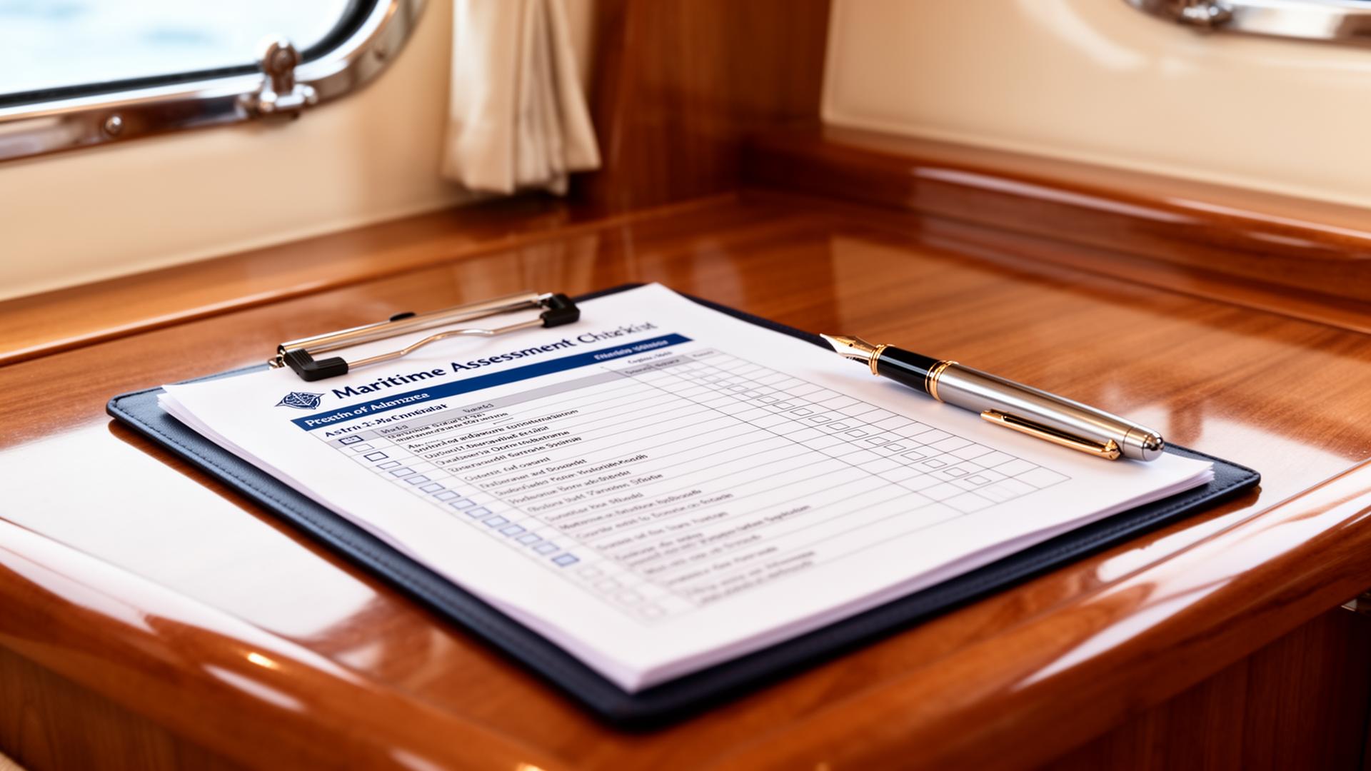 Professional assessment checklist and documentation being reviewed on a polished teak table