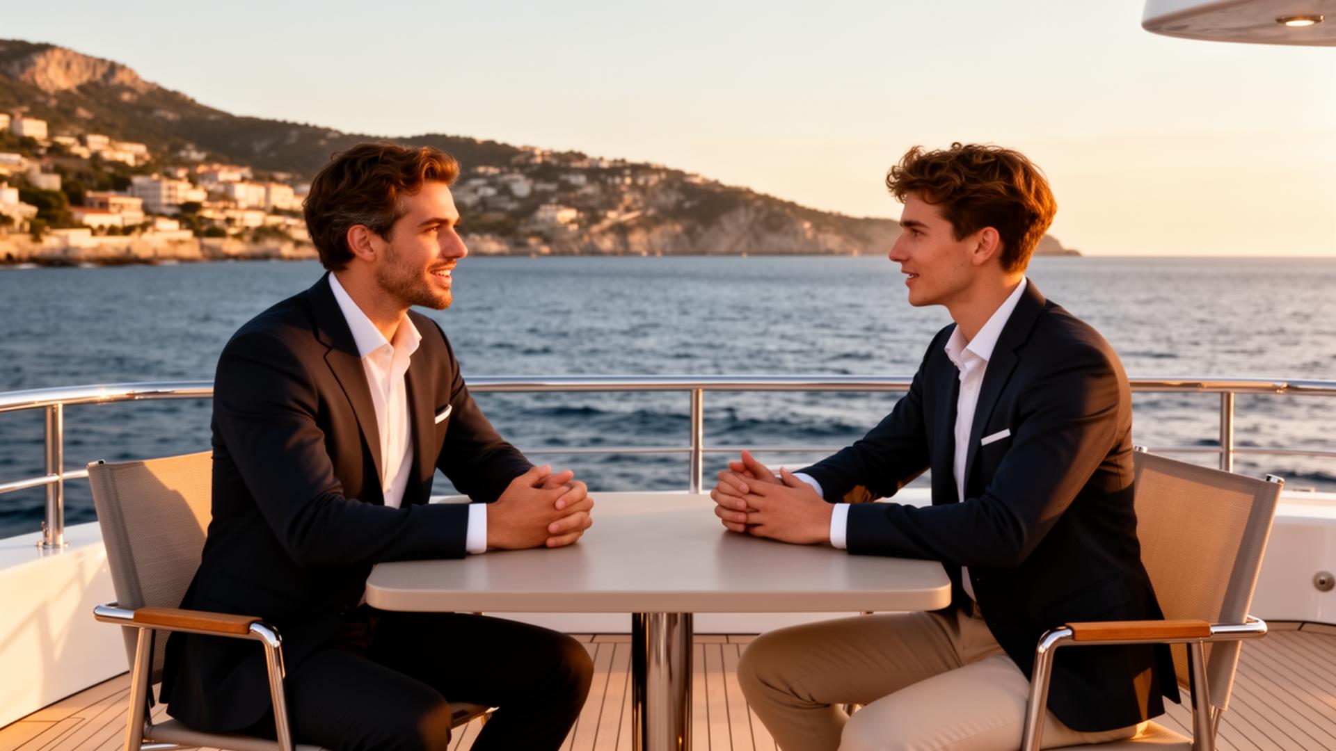 Trainer and crew member in a supportive one-to-one feedback session on a superyacht sun deck
