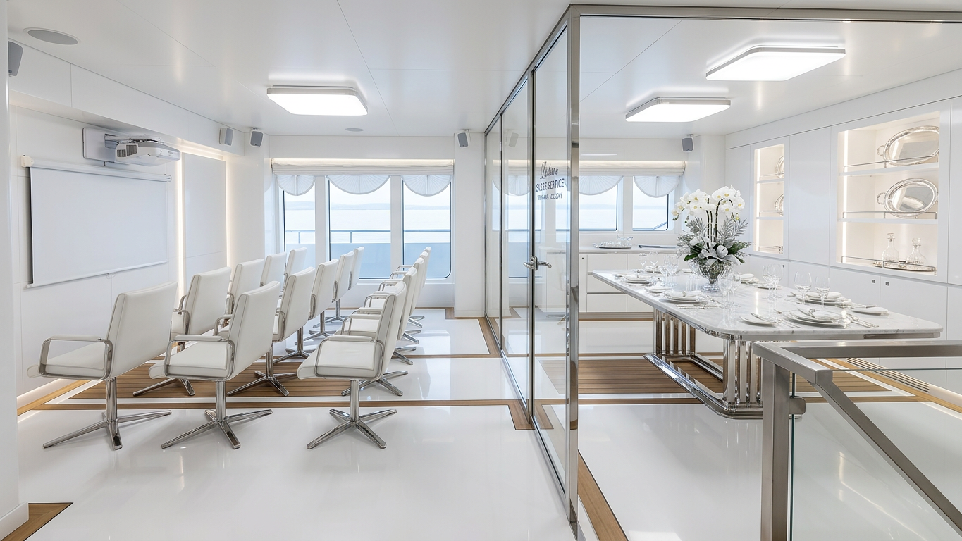 Athens academy classroom and silver service training suite with seating area and dressed dining table