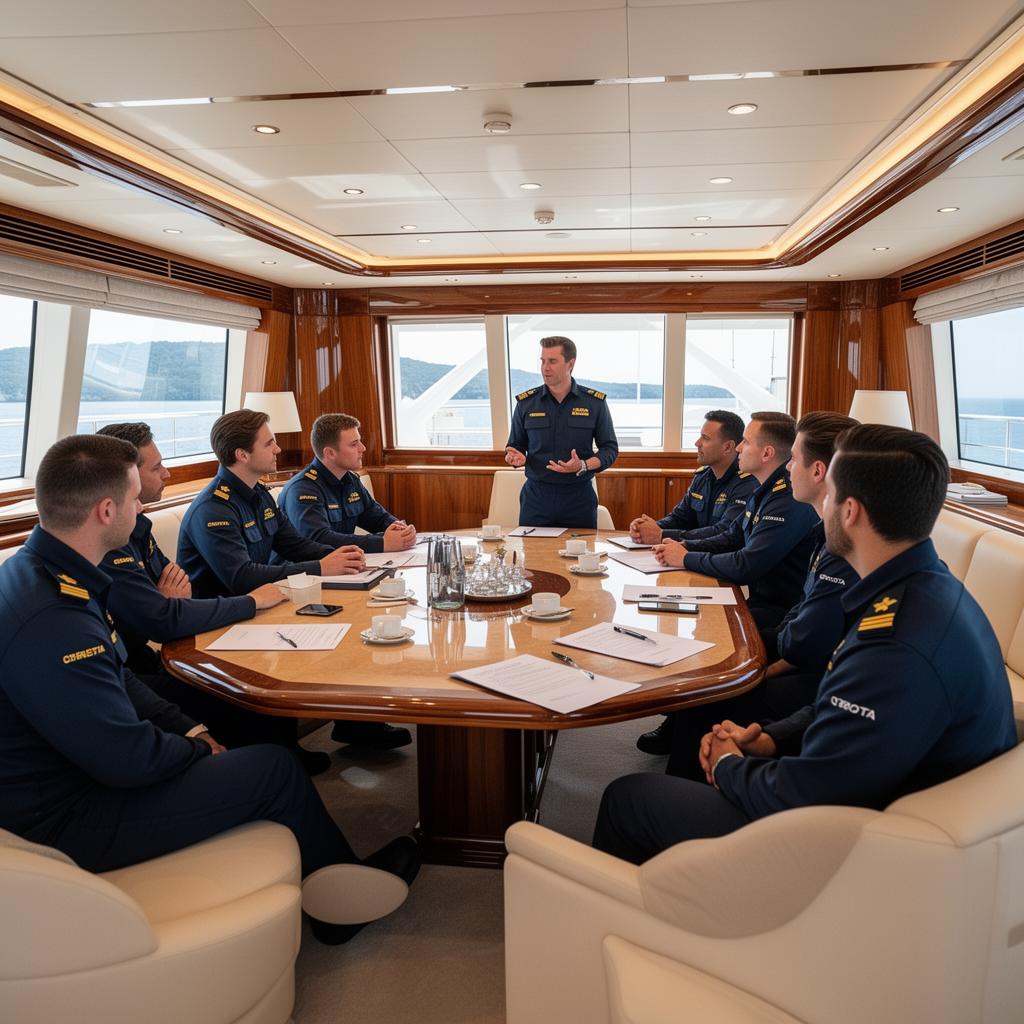 Yacht crew meeting in a luxury superyacht interior salon