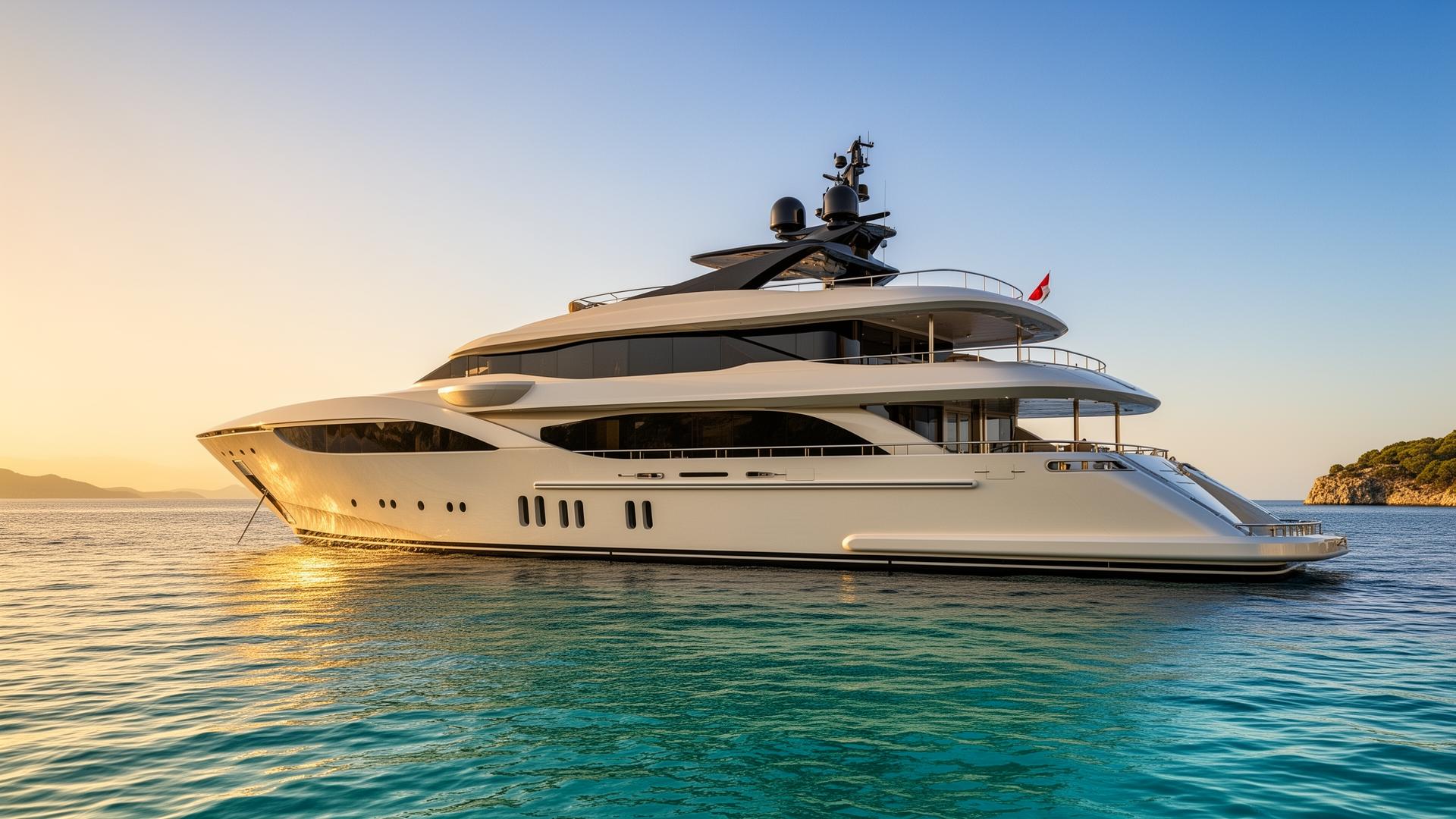 Luxury superyacht exterior at anchor in Mediterranean waters