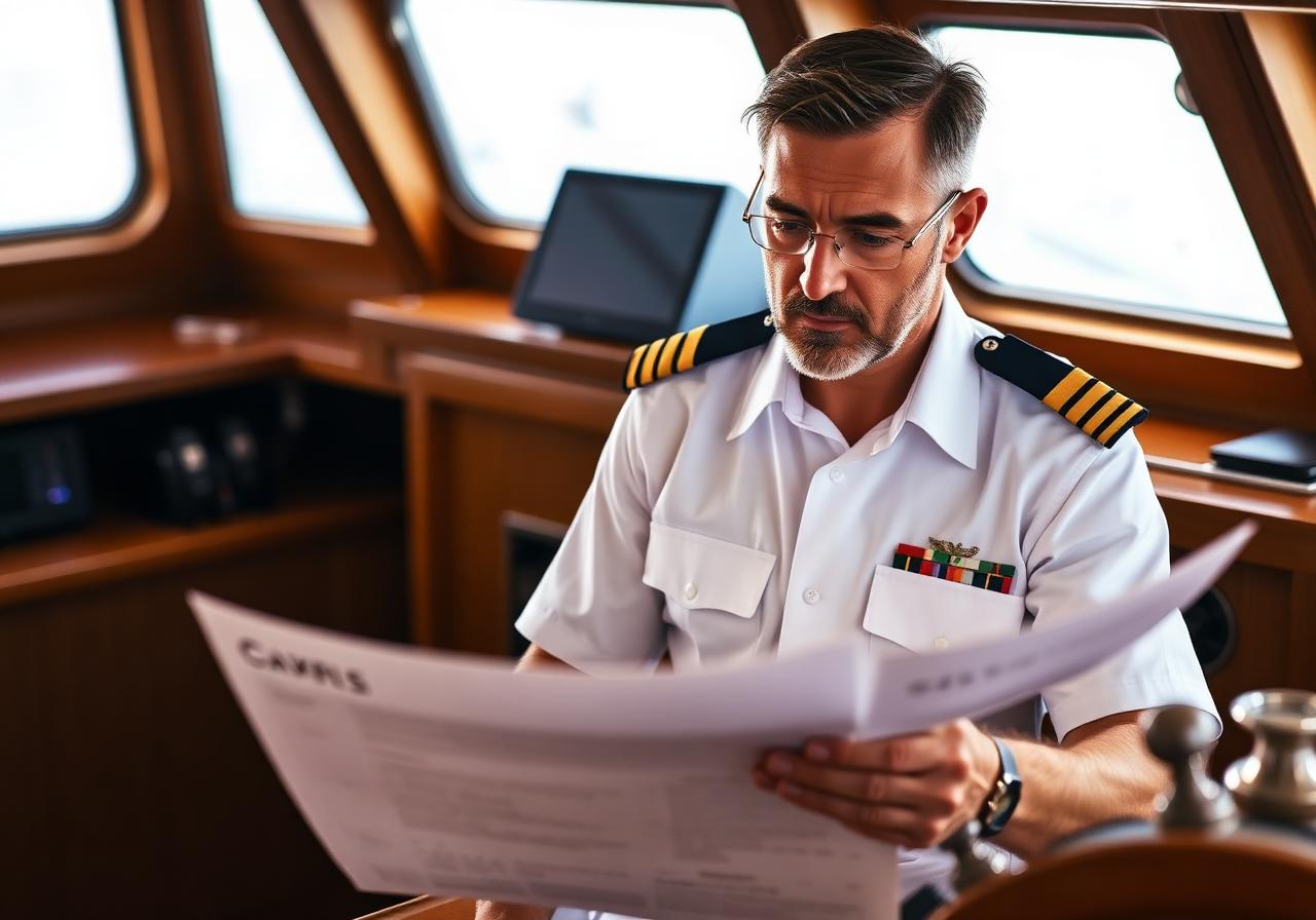 Captain reviewing a CV in a yacht wheelhouse