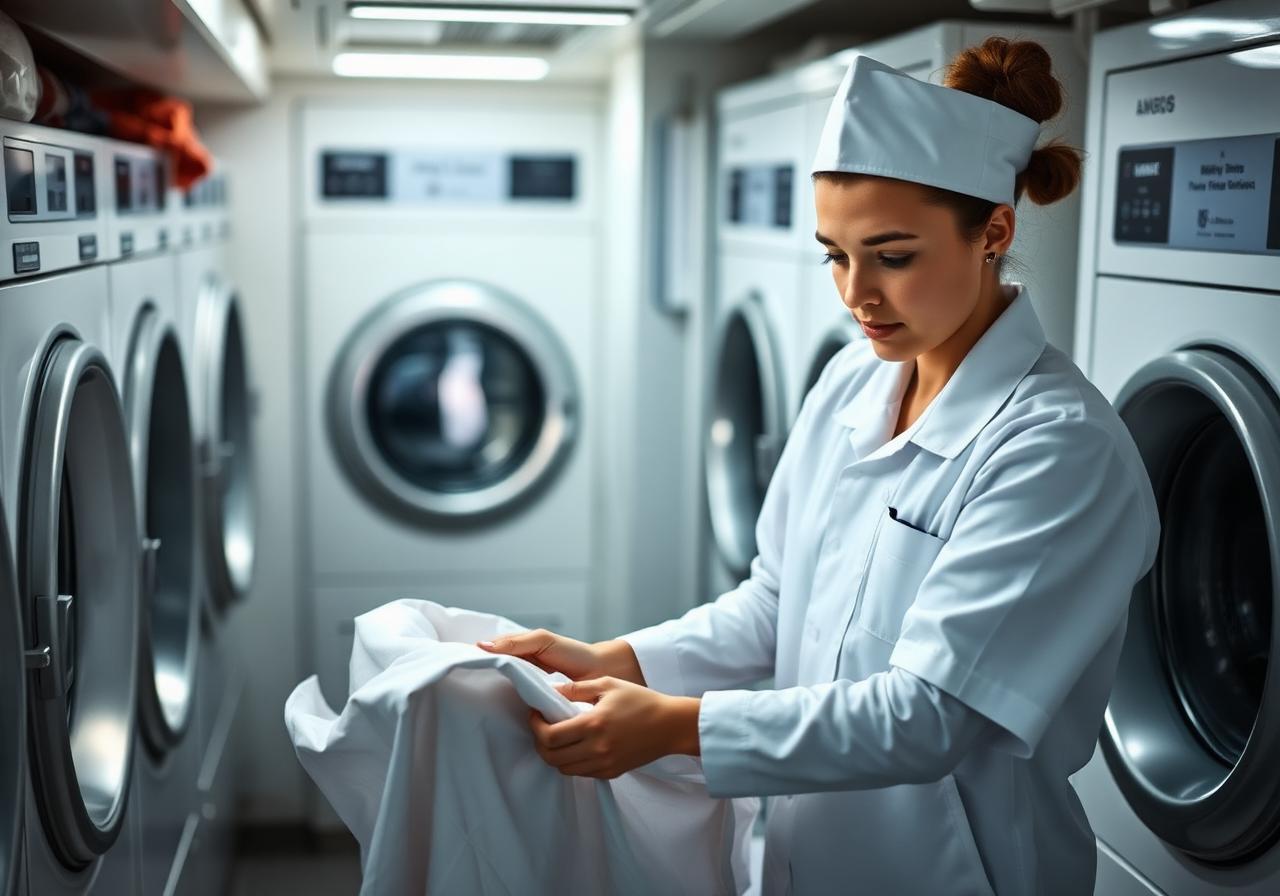 Junior crew member folding linen in a yacht laundry room