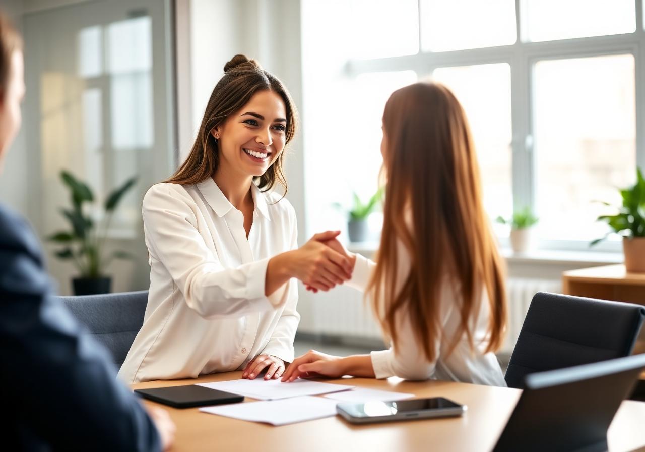 Confident handshake across a desk during an interview