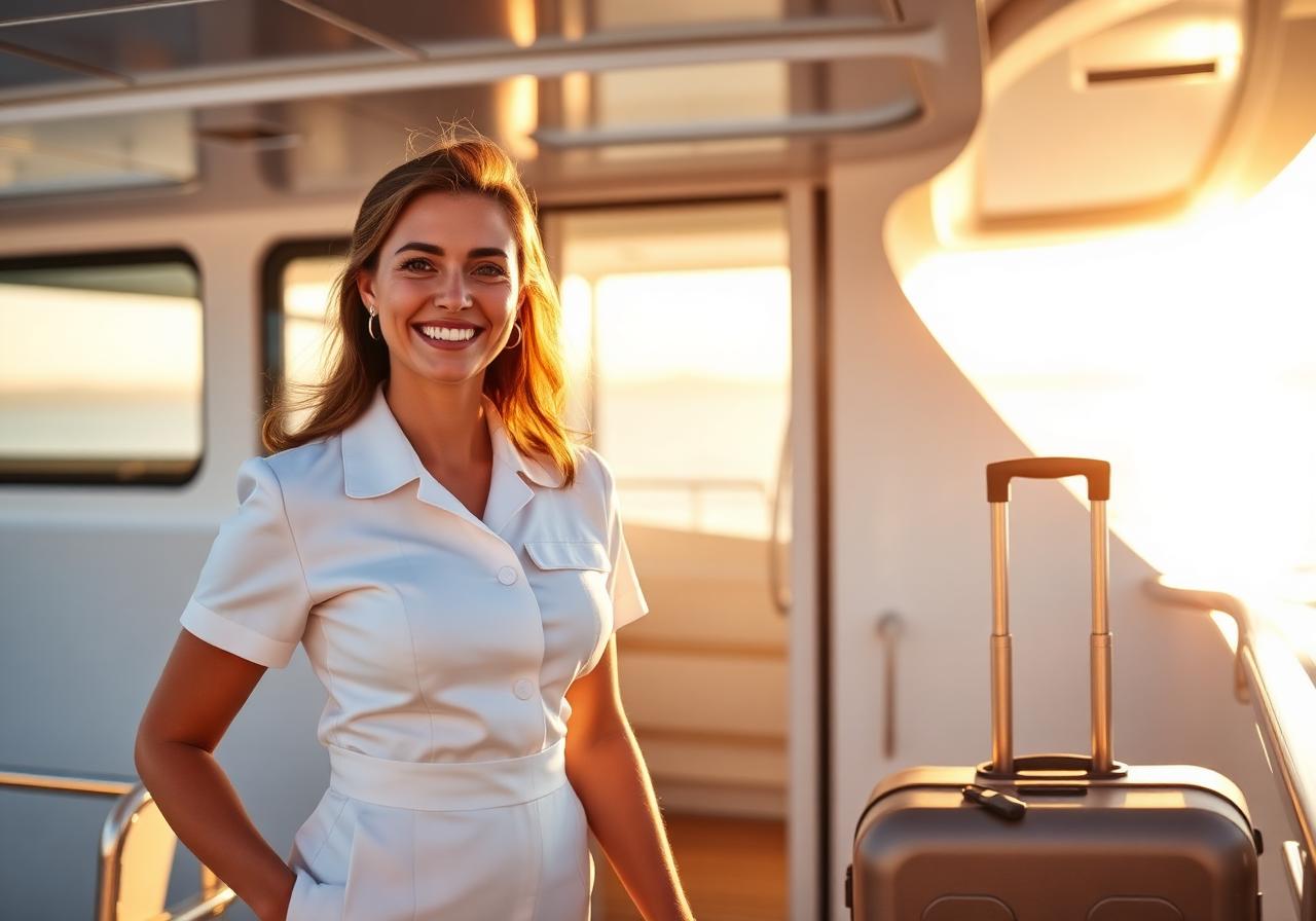 Smiling stewardess boarding a superyacht with her suitcase