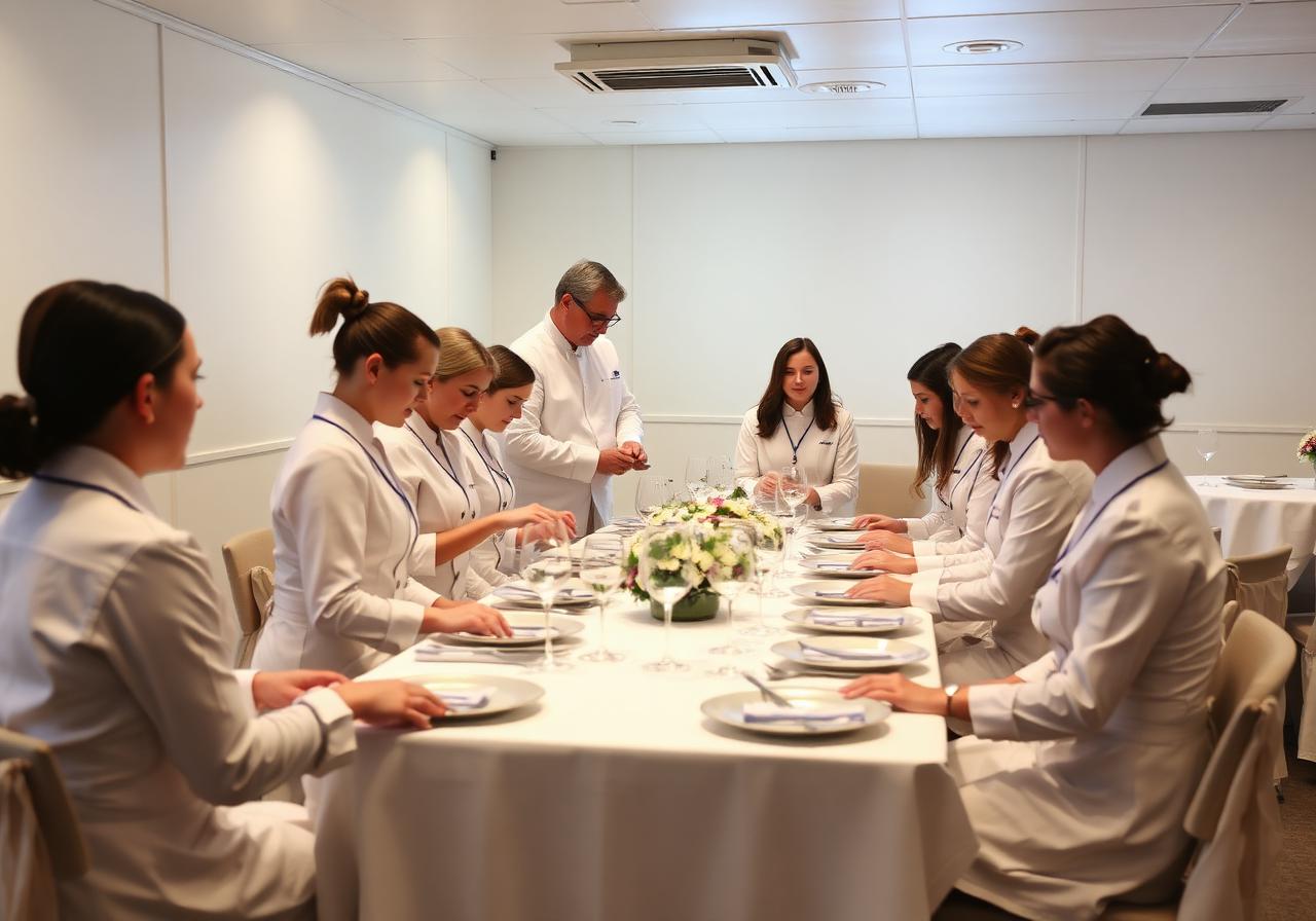 Yacht crew students practising silver service in class