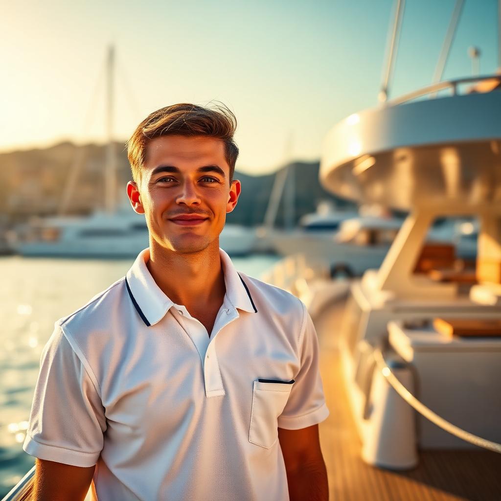 Stewardess looking out across a marina at sunrise