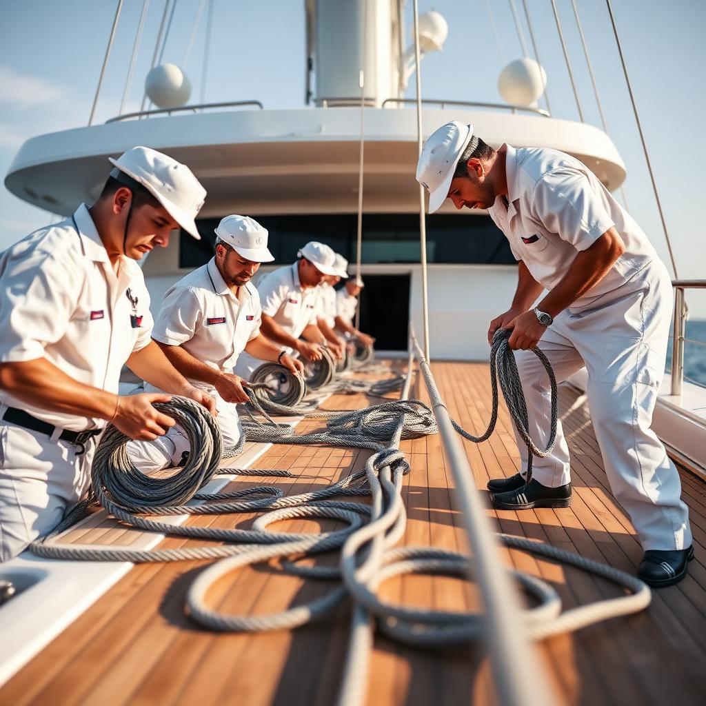 Deck crew coiling lines on a polished teak deck