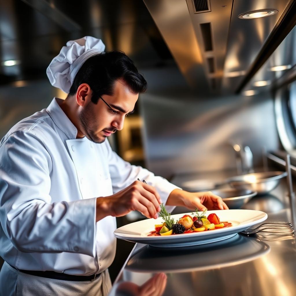 Chef plating a refined dish in a stainless yacht galley