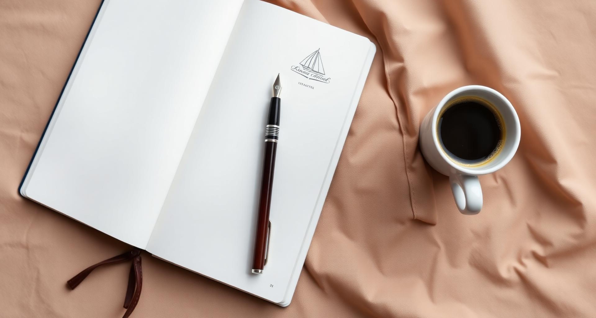Open notebook with fountain pen and espresso, editorial flat lay