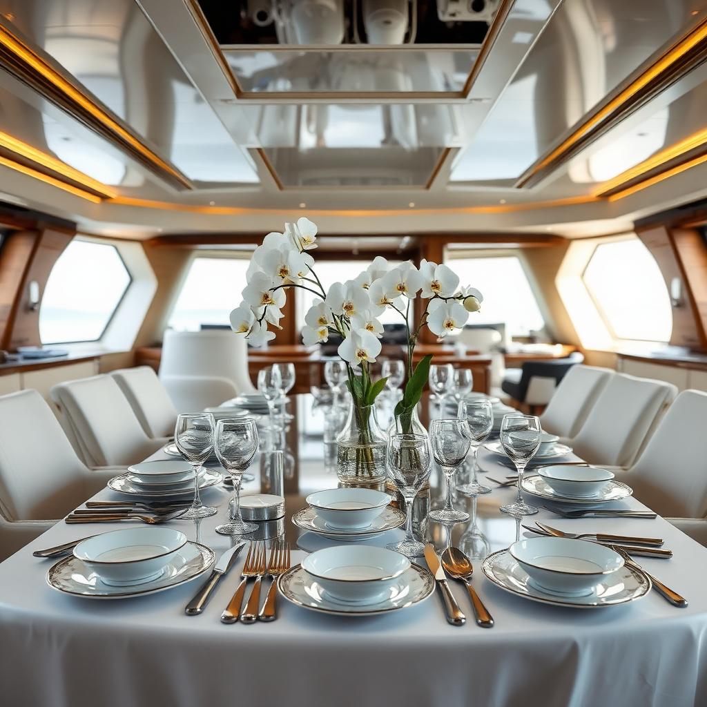 Elegant yacht interior table set with orchids and silver