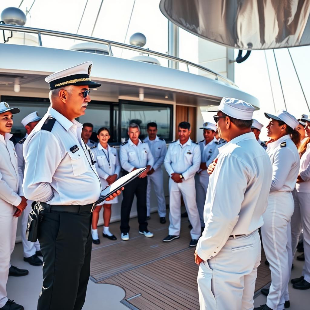 Senior officer leading a crew briefing on a yacht deck