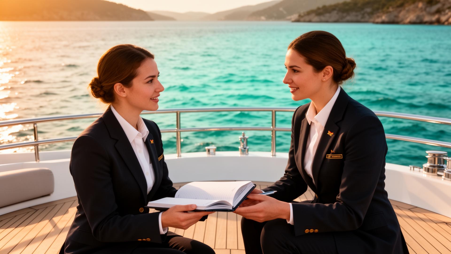 Experienced chief stewardess coaching a junior crew member during a one-to-one mentoring session on a yacht sundeck