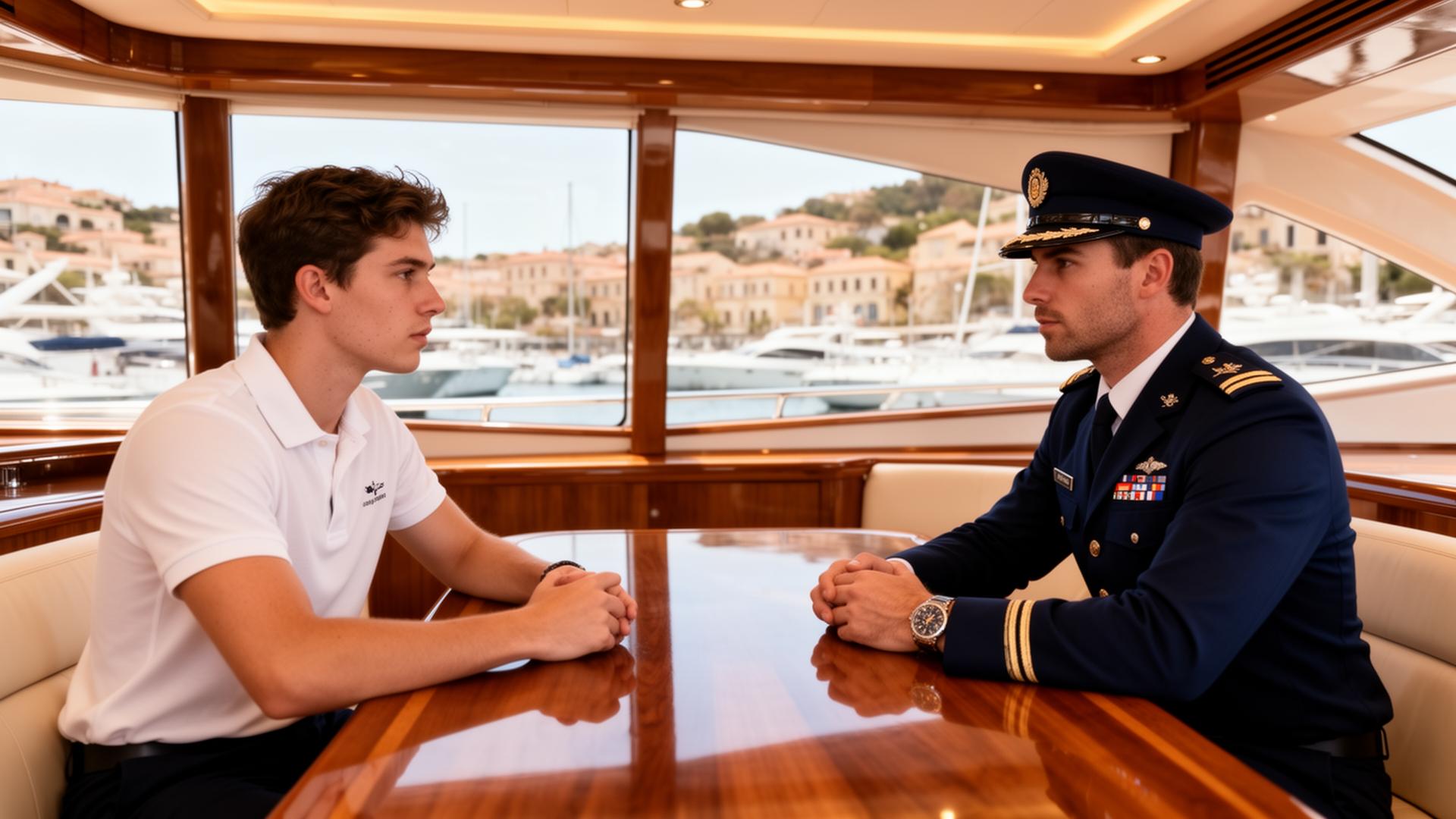 Professional yacht crew interview between a candidate and captain aboard a luxury yacht