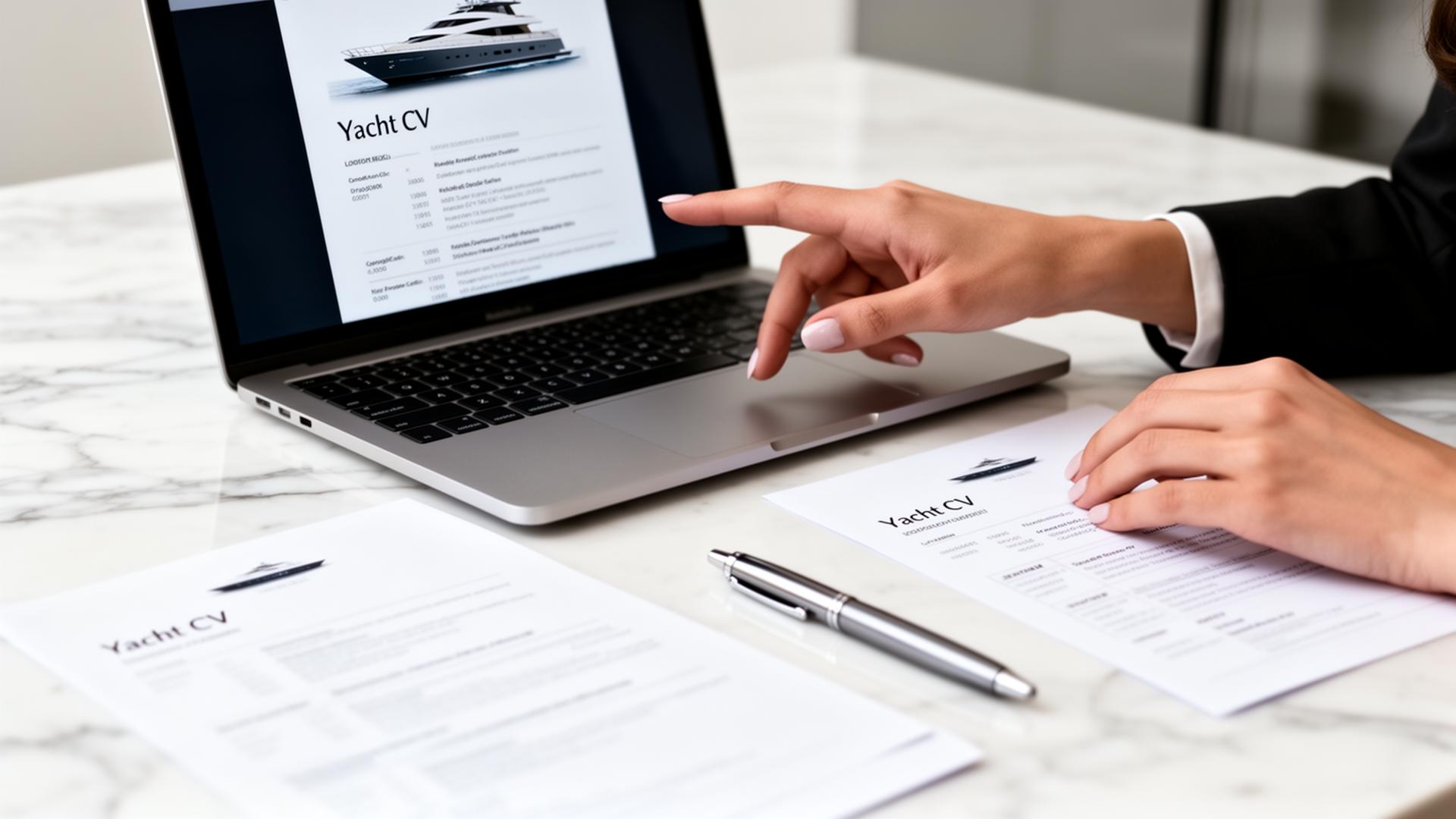 Career coach reviewing a professional yacht CV on a laptop in a modern workspace