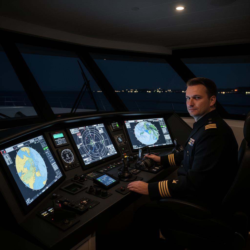 Yacht officer on the bridge with navigation displays