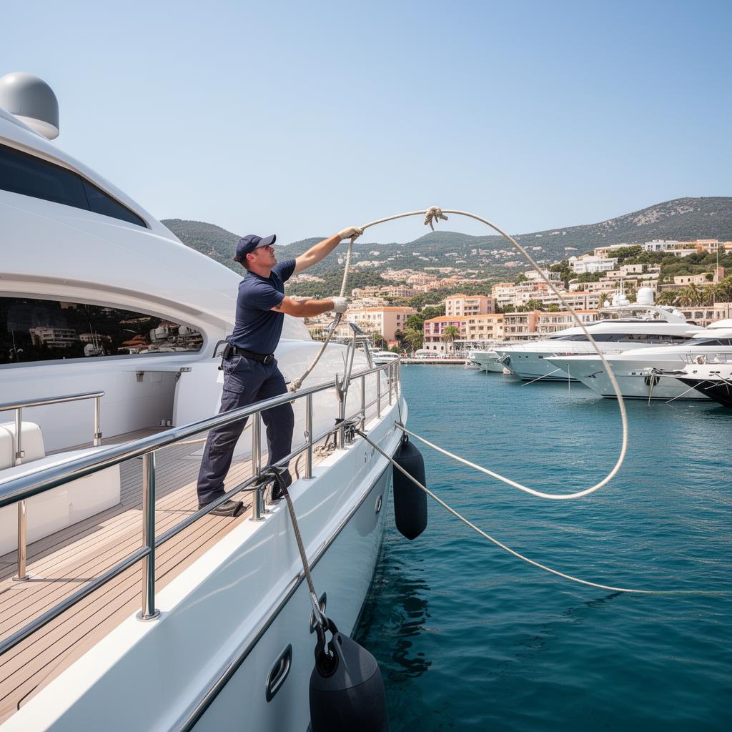 Deck crew performing line handling and mooring operations