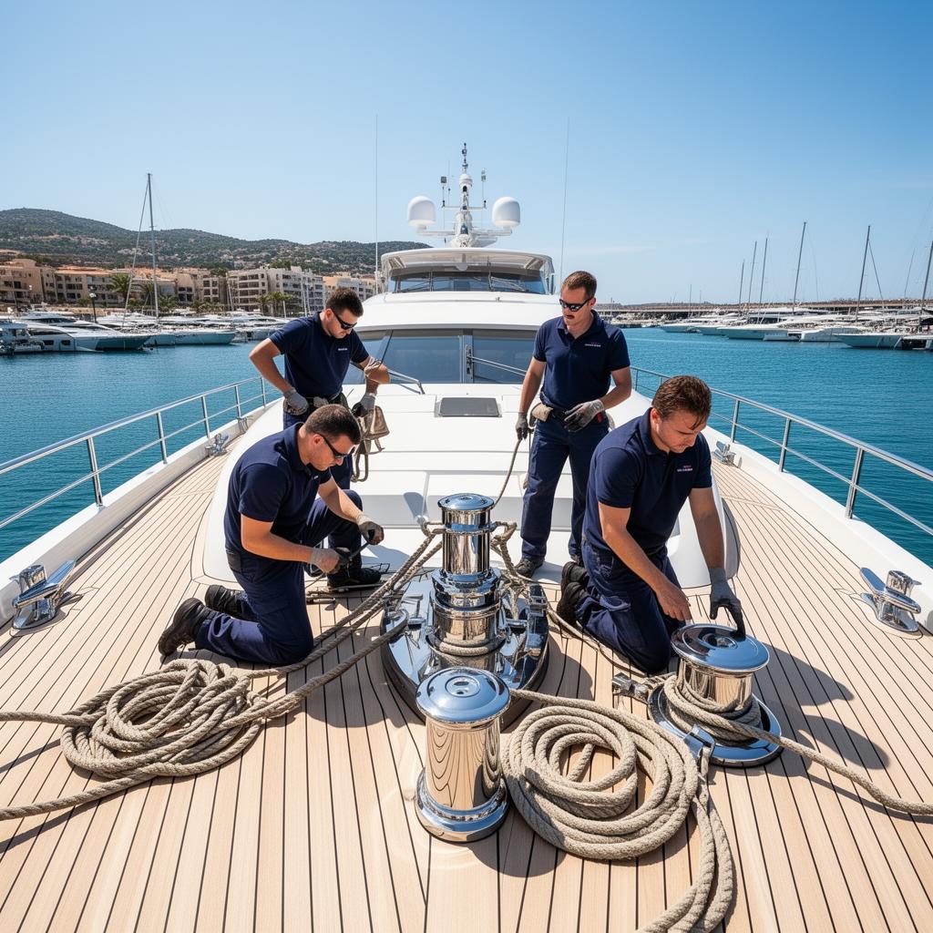 Professional deck crew working on the exterior of a luxury superyacht