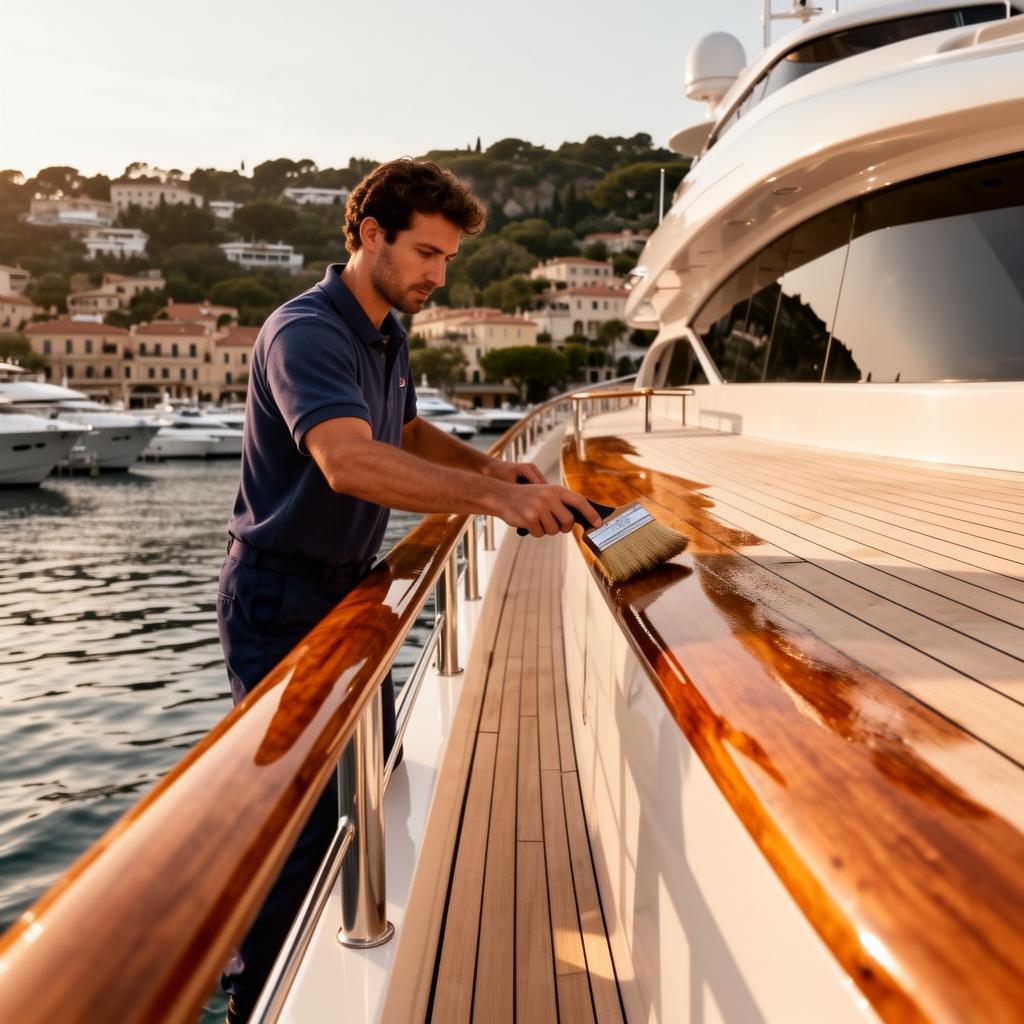 Deckhand varnishing polished teak railings