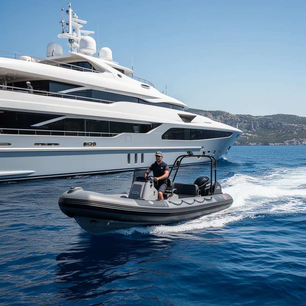 Crew member operating a RIB tender alongside a superyacht