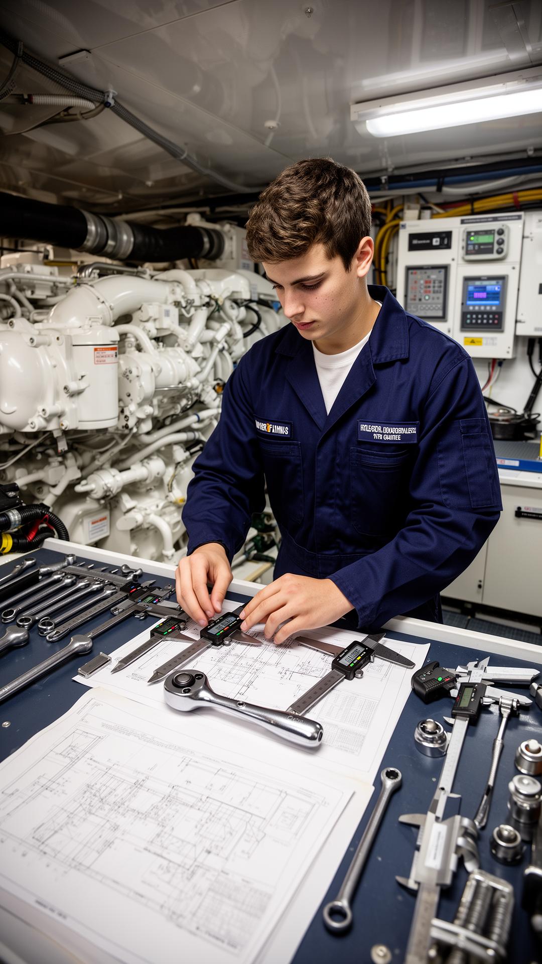 Junior yacht engineer organising tools at an engine room workbench