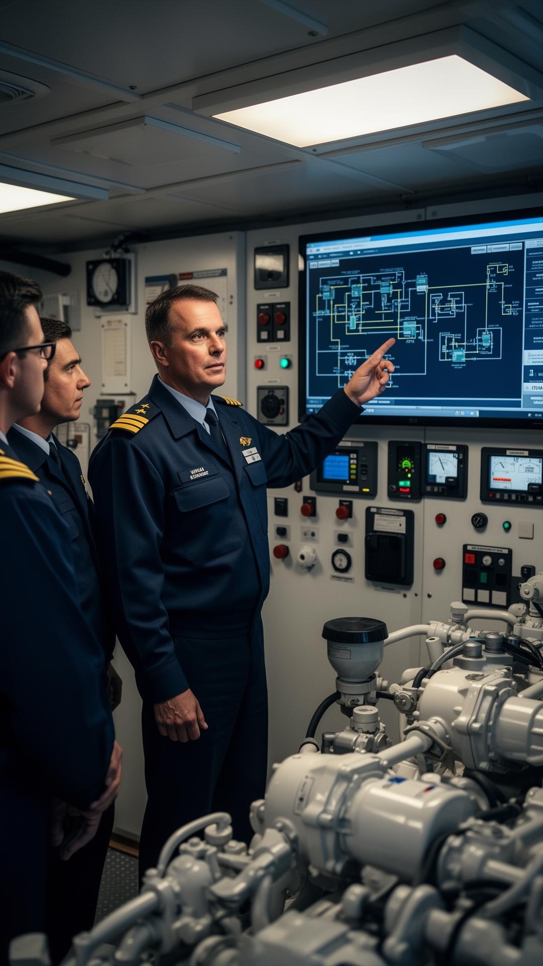 Chief engineer briefing crew at the engine control room