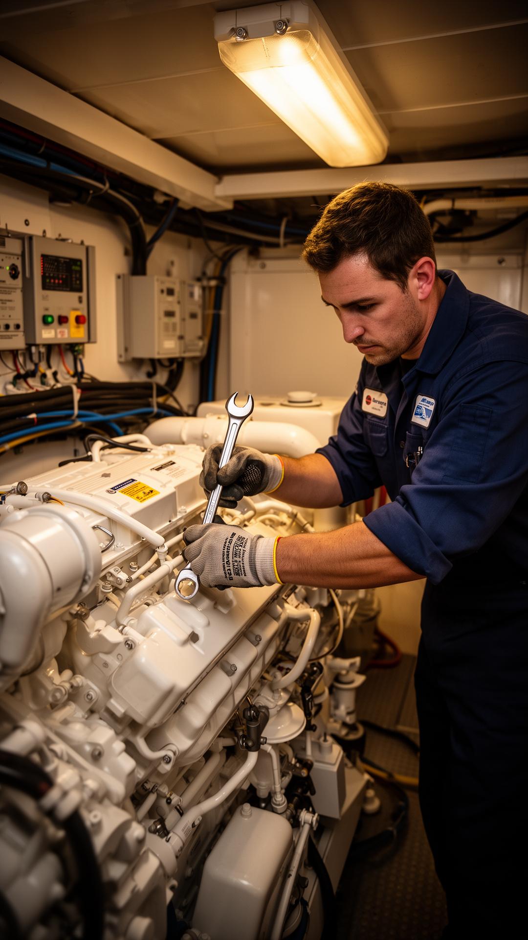 Yacht engineer performing maintenance on a marine generator