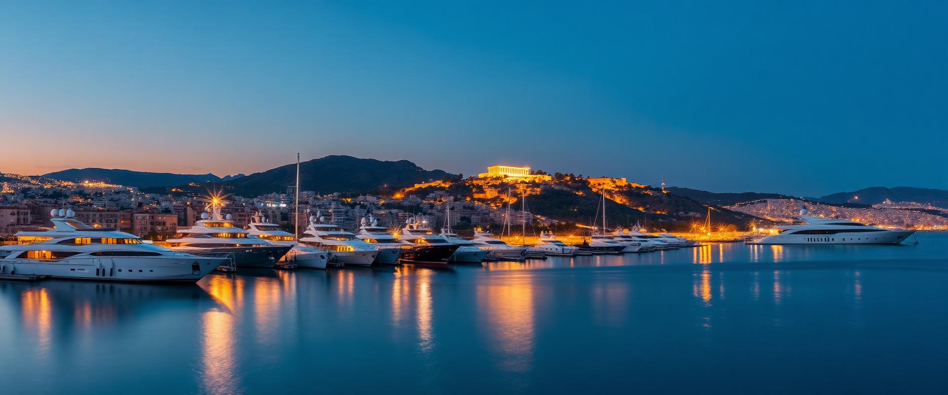 Athens skyline and Zea Marina at dusk with superyachts and the Acropolis on the hill