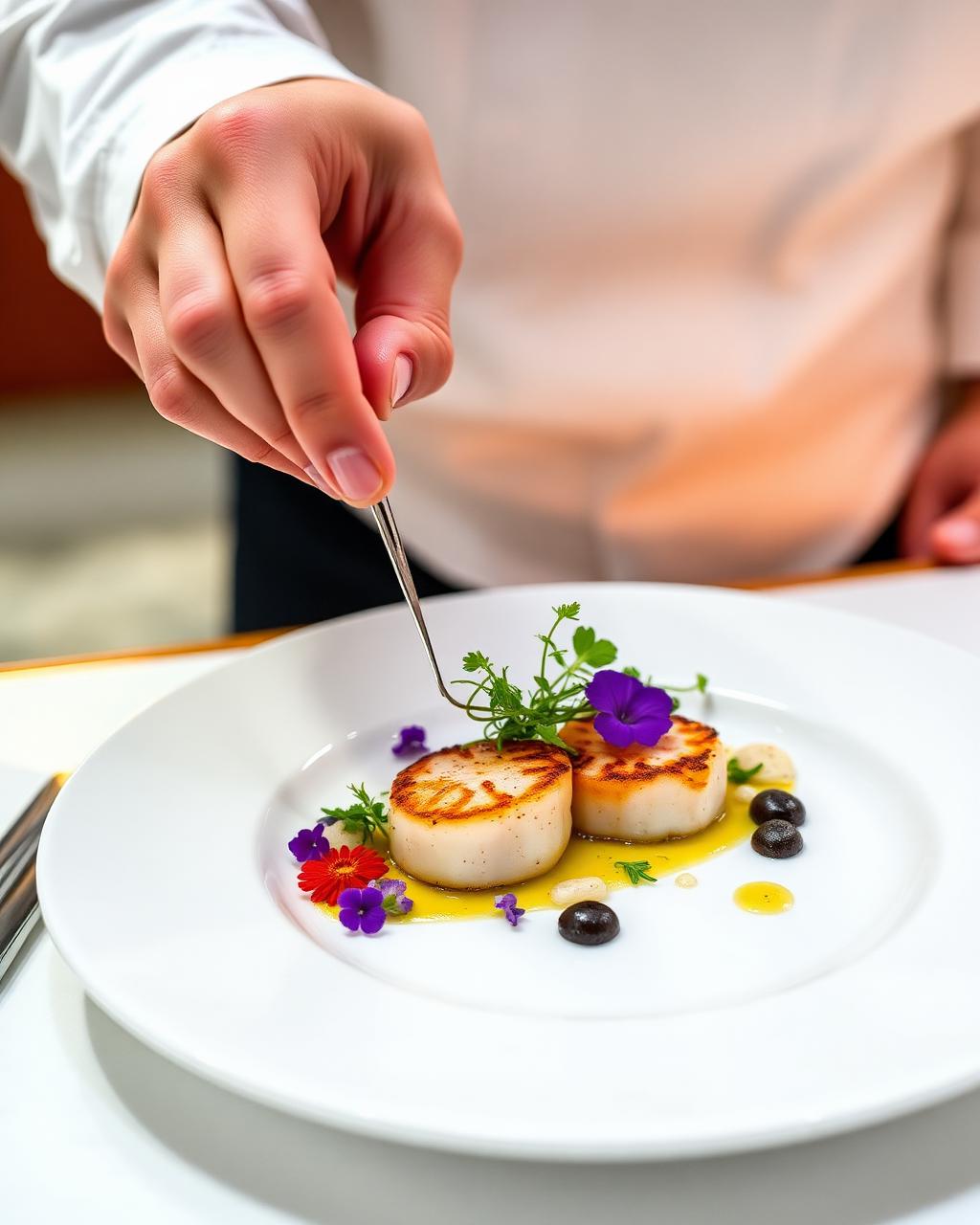 Chef plating a refined fine dining dish with precision