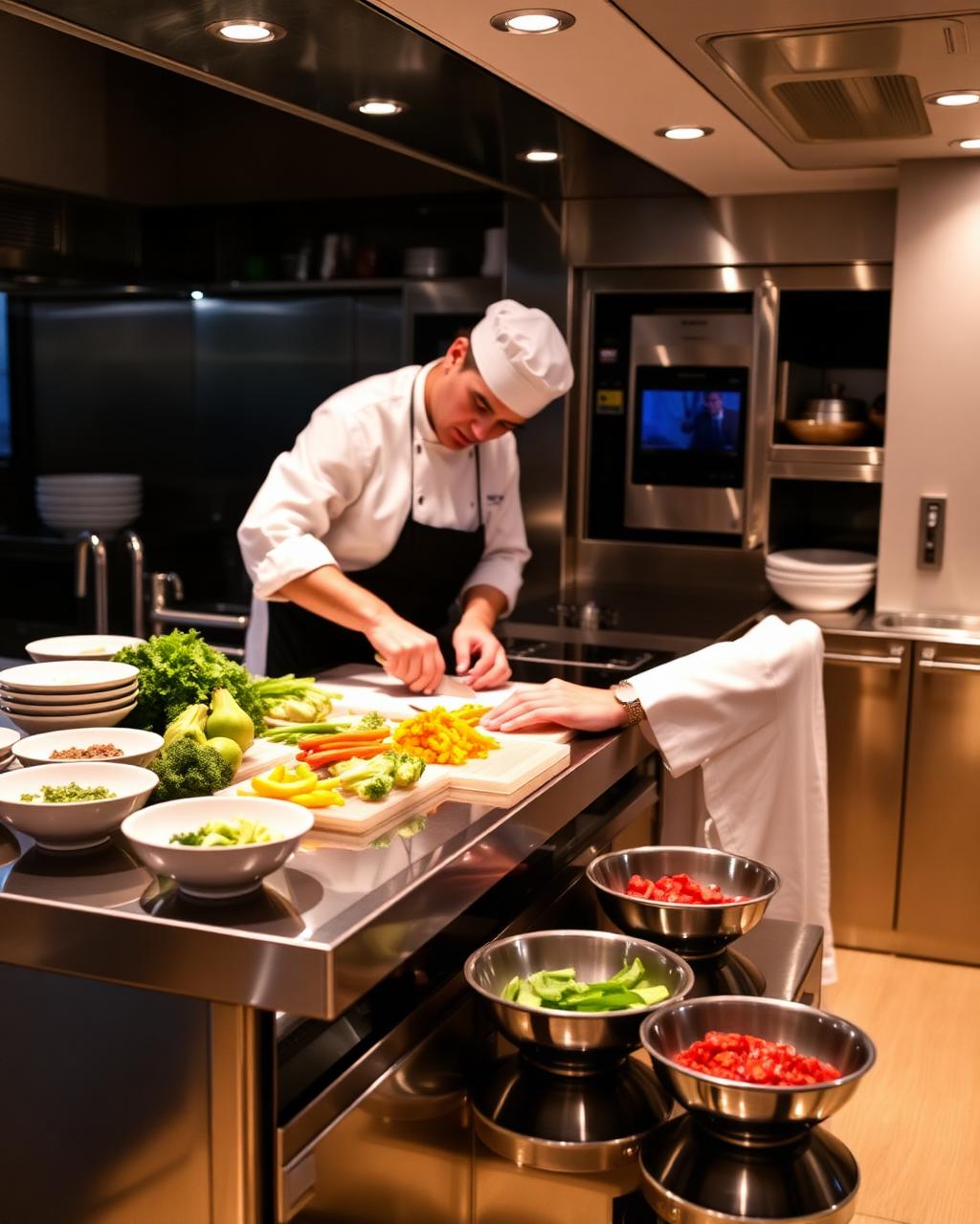 Chef preparing fresh ingredients in a yacht galley