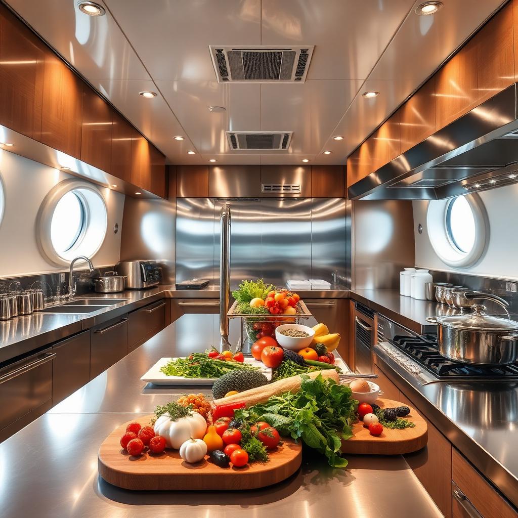 Professional luxury yacht galley kitchen with stainless steel equipment