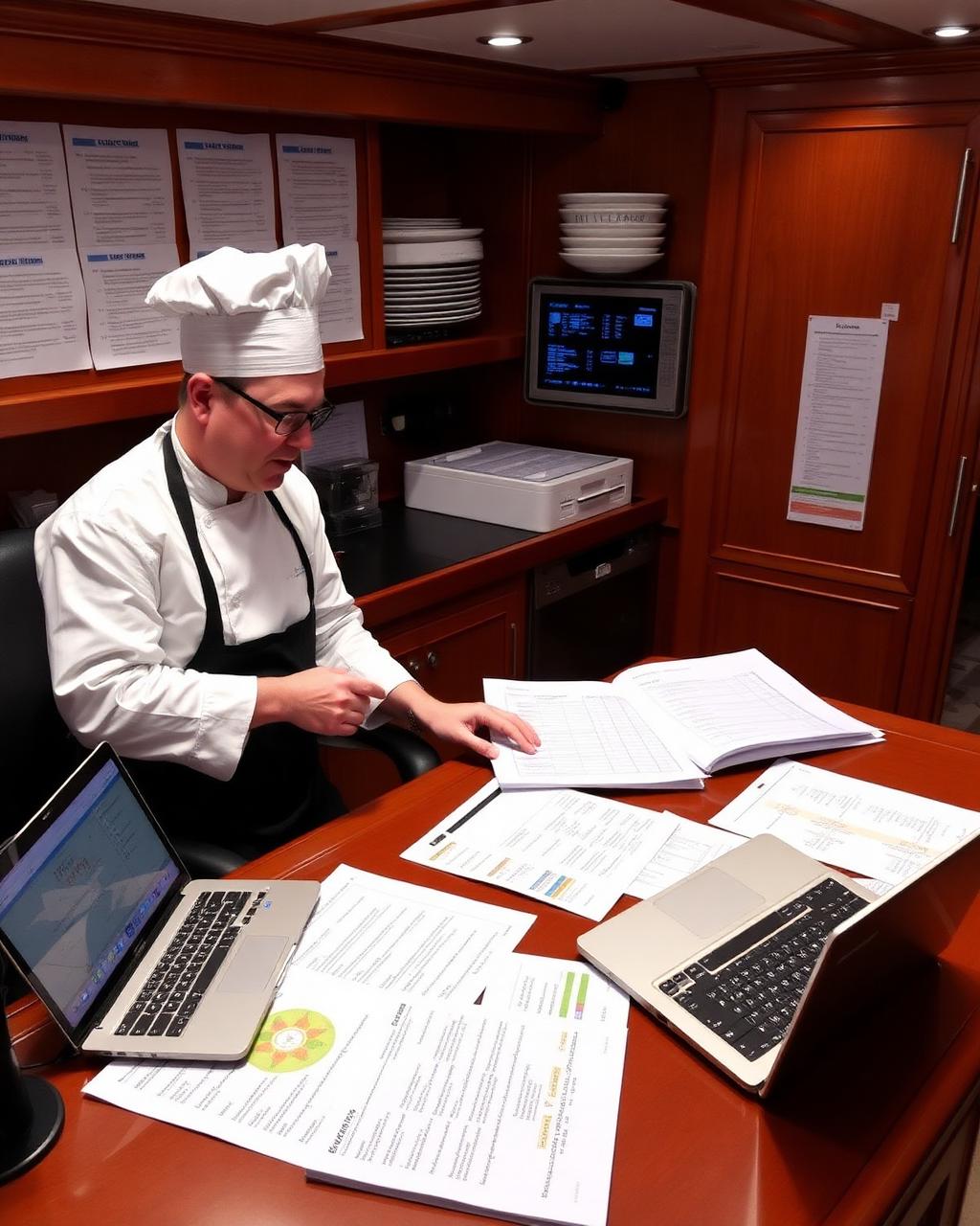 Executive chef reviewing menus and provisioning plans