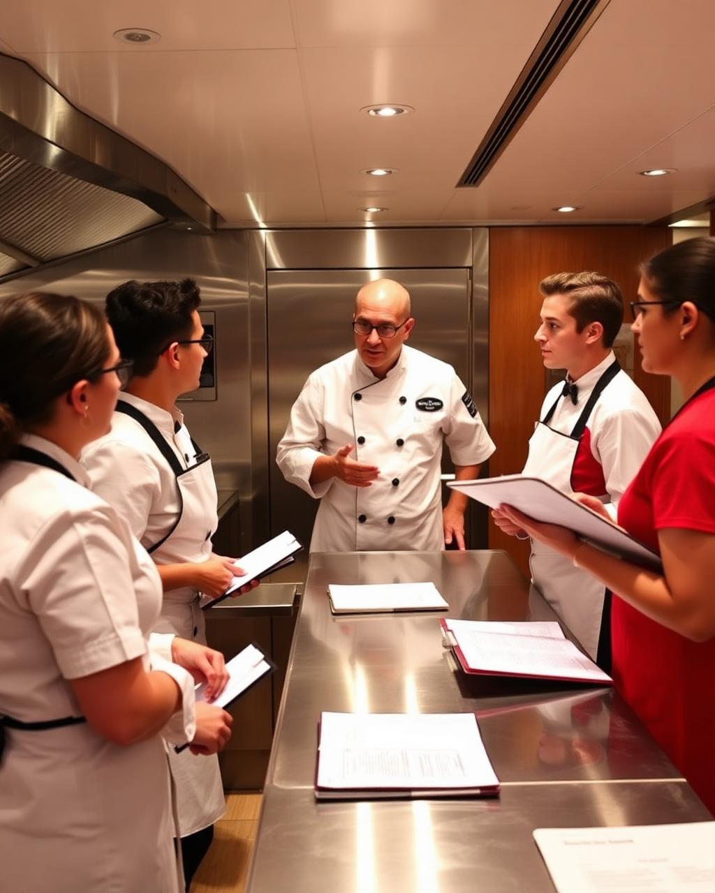 Head chef leading a galley team briefing on a superyacht