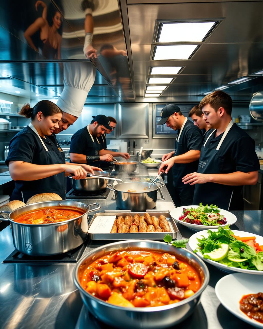 Crew meal preparation in a professional yacht kitchen