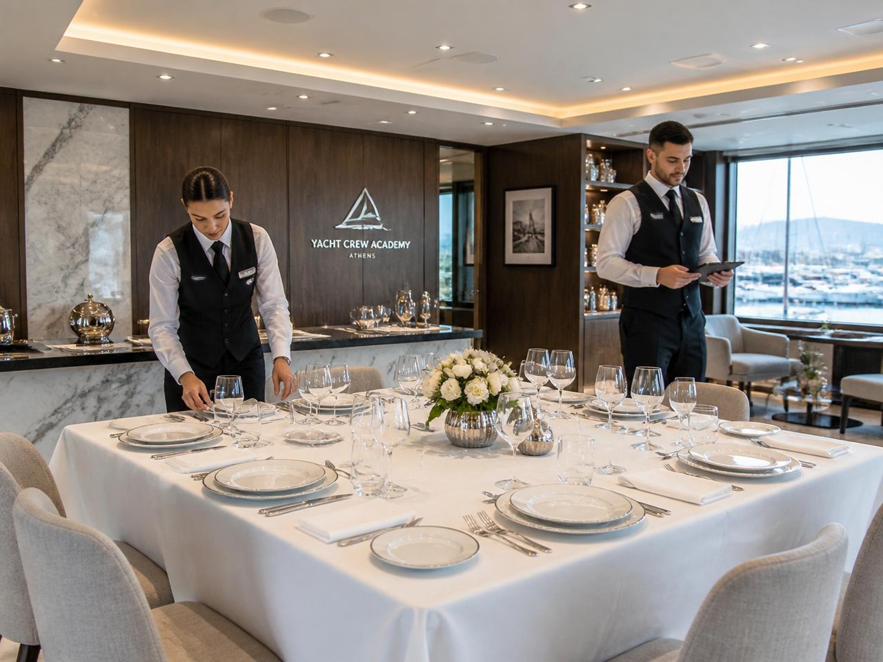 Silver service training suite with dressed dining table at The Med Crew Athens academy