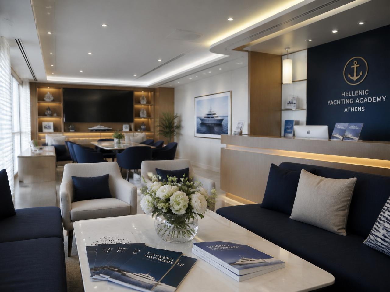 Welcoming academy reception lounge with nautical styling and seating