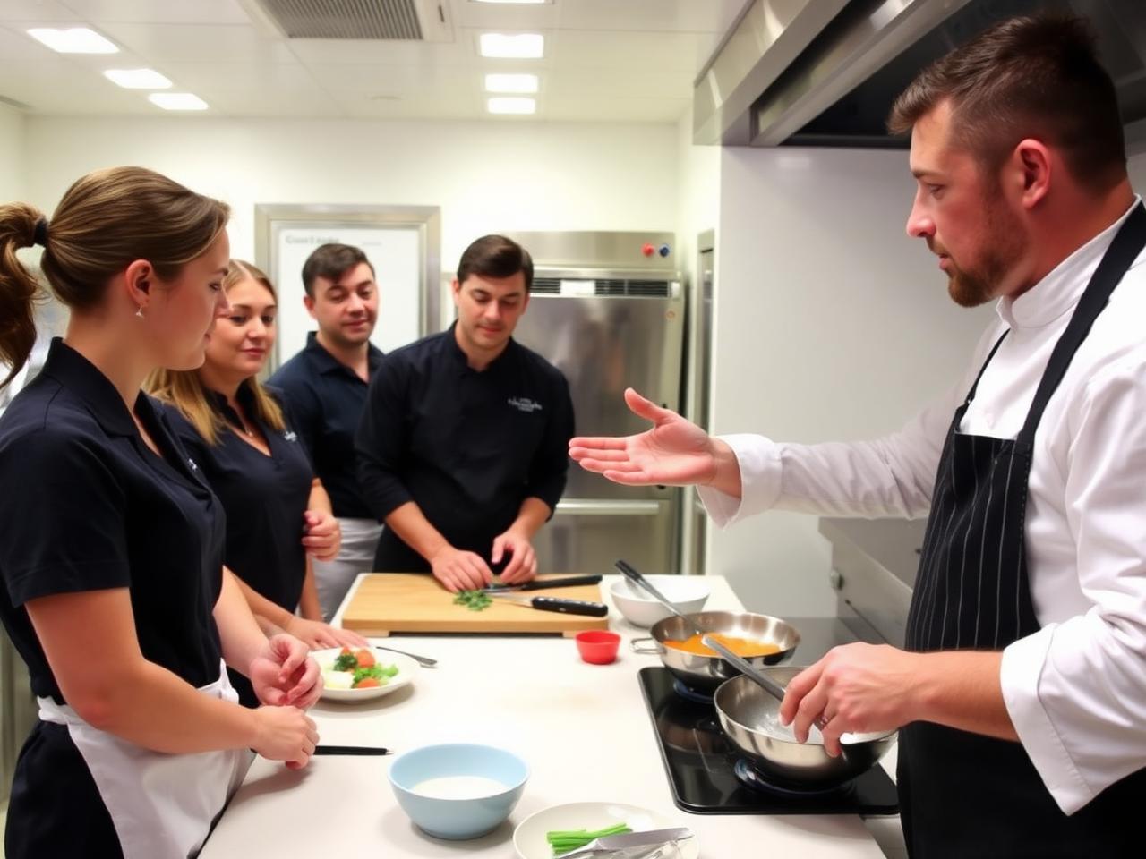 Lia demonstrating cooking technique to students