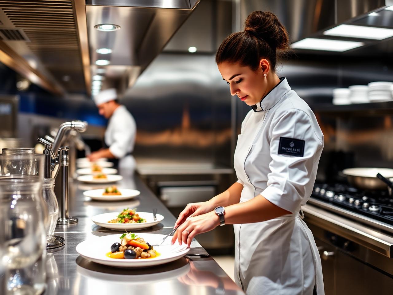 Lia plating a dish in a professional yacht galley