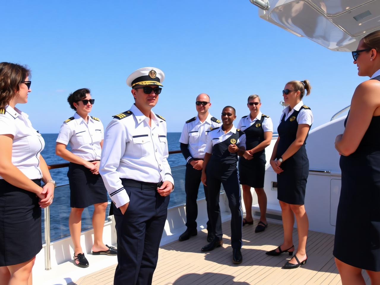 Sarah leading a crew briefing onboard a superyacht