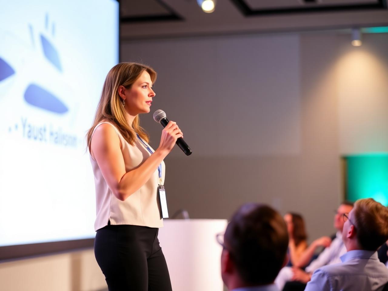 Sarah speaking on stage at a yachting industry event
