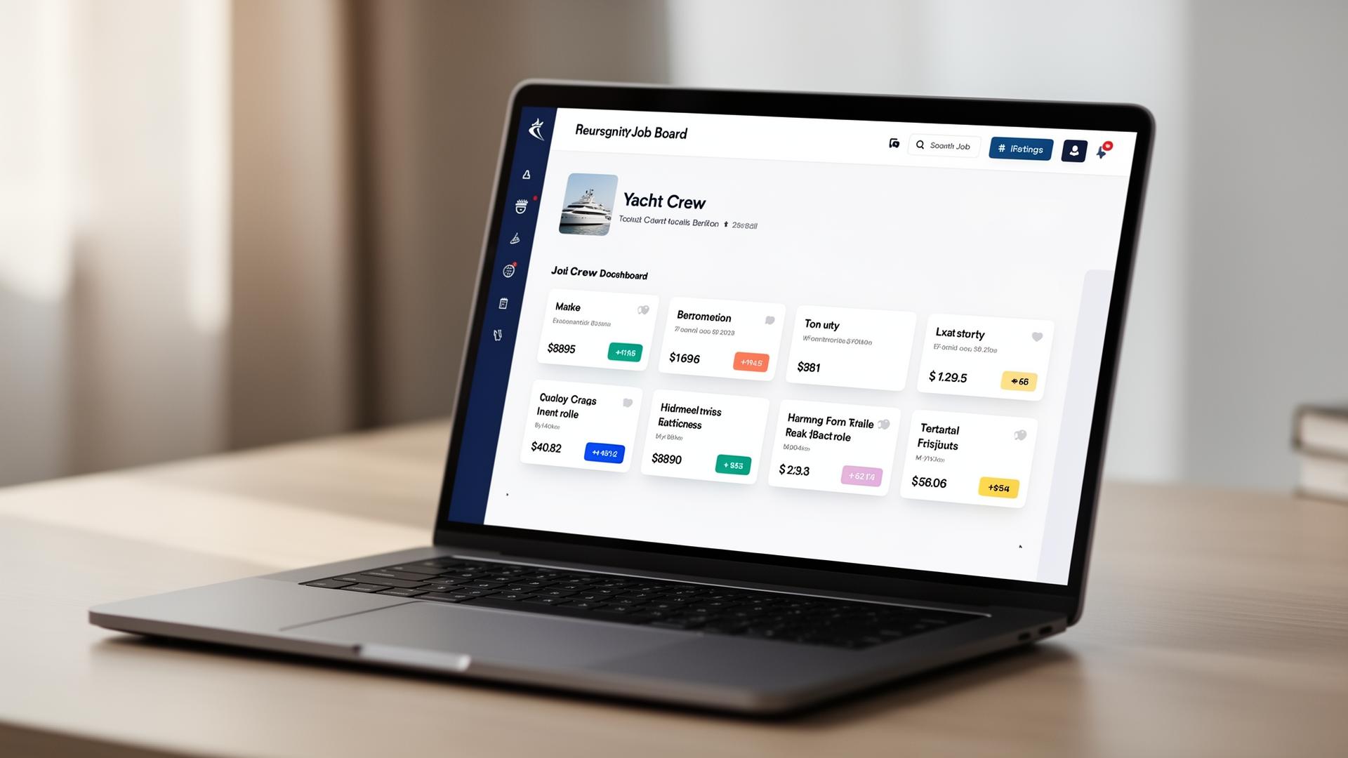 Modern yacht crew job board dashboard on a laptop with live listings