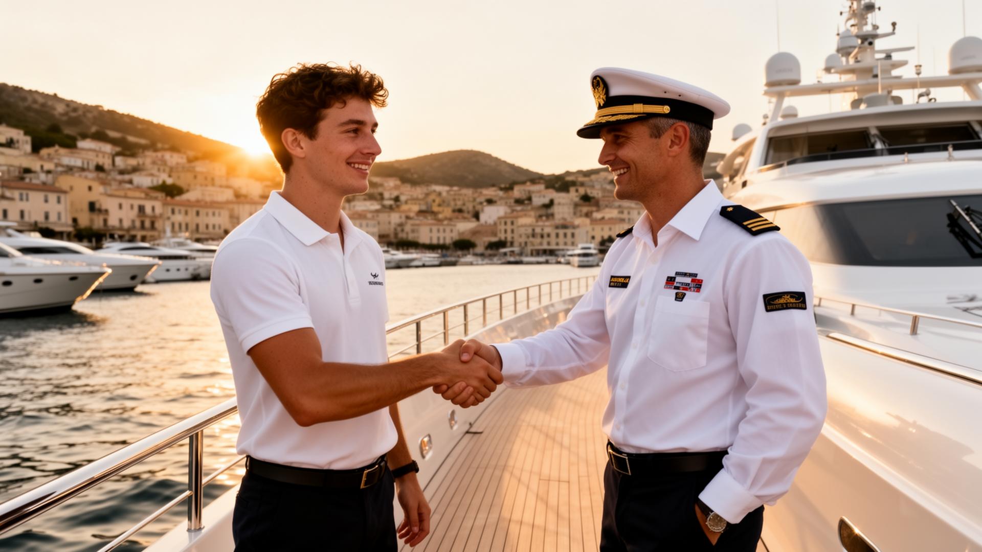 Yacht crew member being hired aboard a superyacht in a Mediterranean harbor