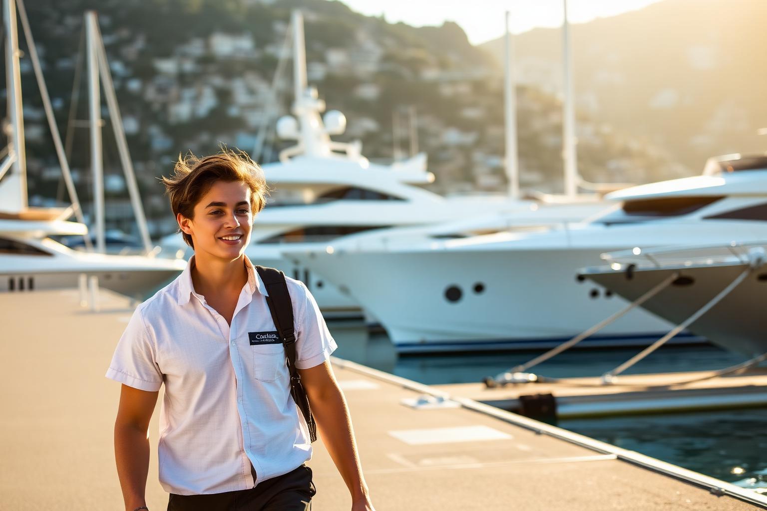 Young aspiring crew member walking along a Mediterranean marina dock
