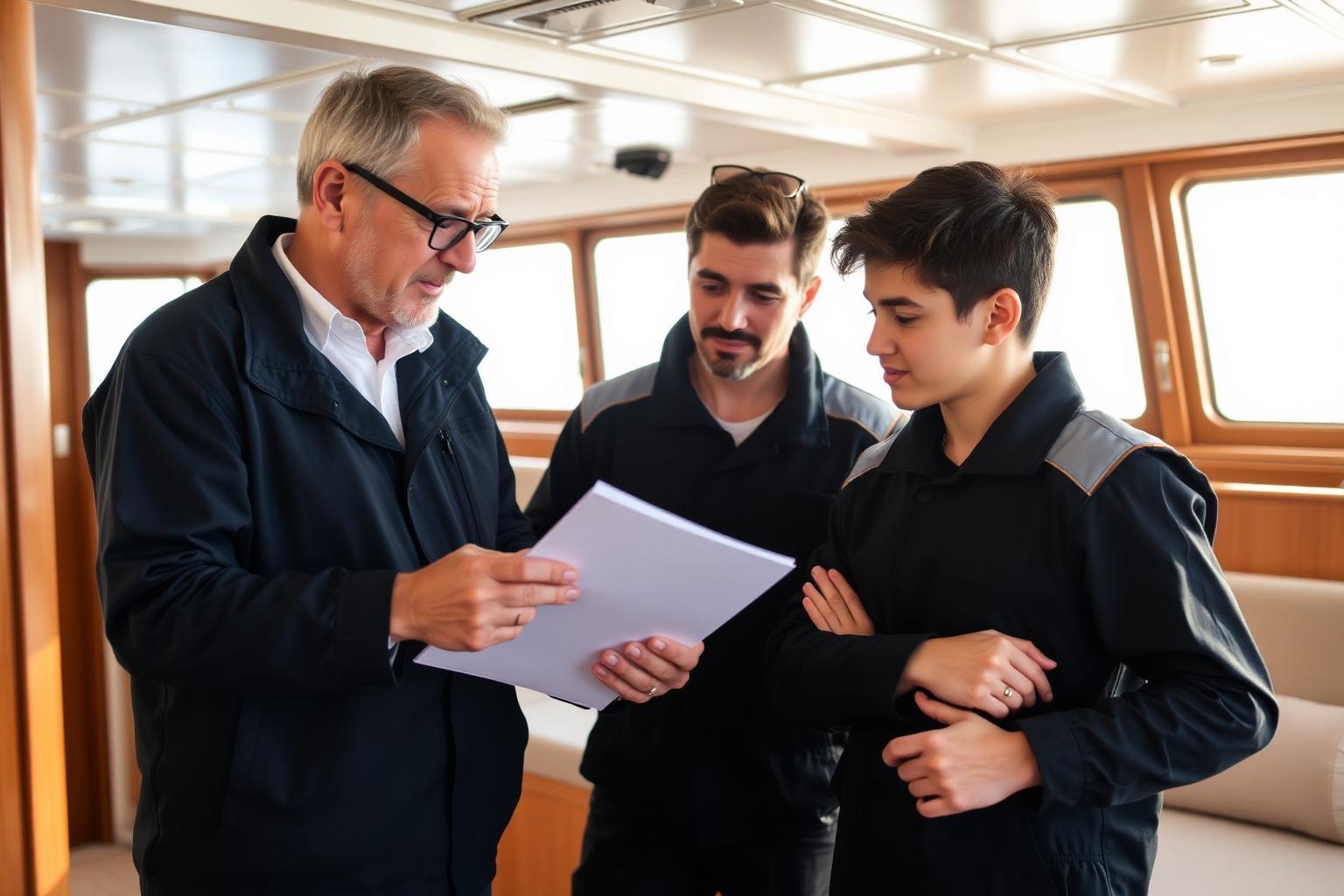 Experienced yacht mentor reviewing documents with a young aspiring crew member