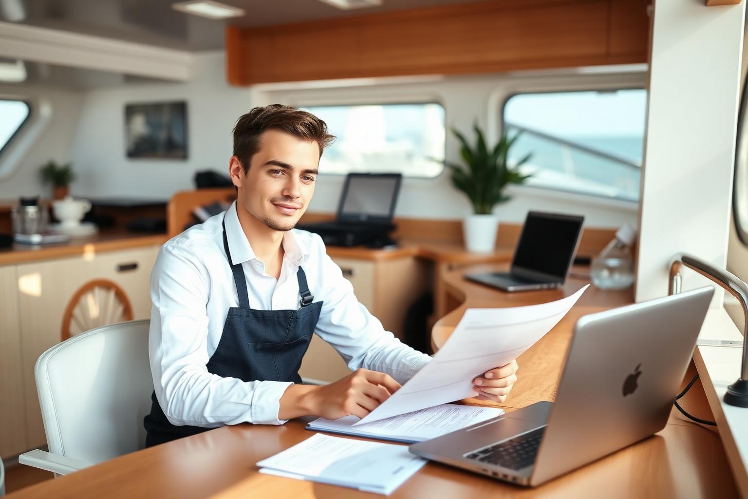Young crew member preparing a professional yacht CV at a clean workspace