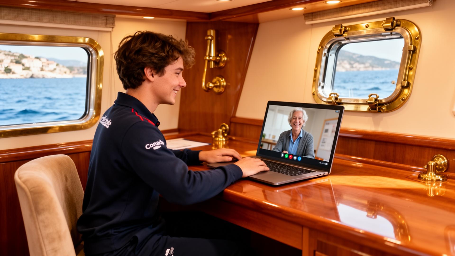 Yacht crew member in a video coaching call with an experienced mentor on a laptop