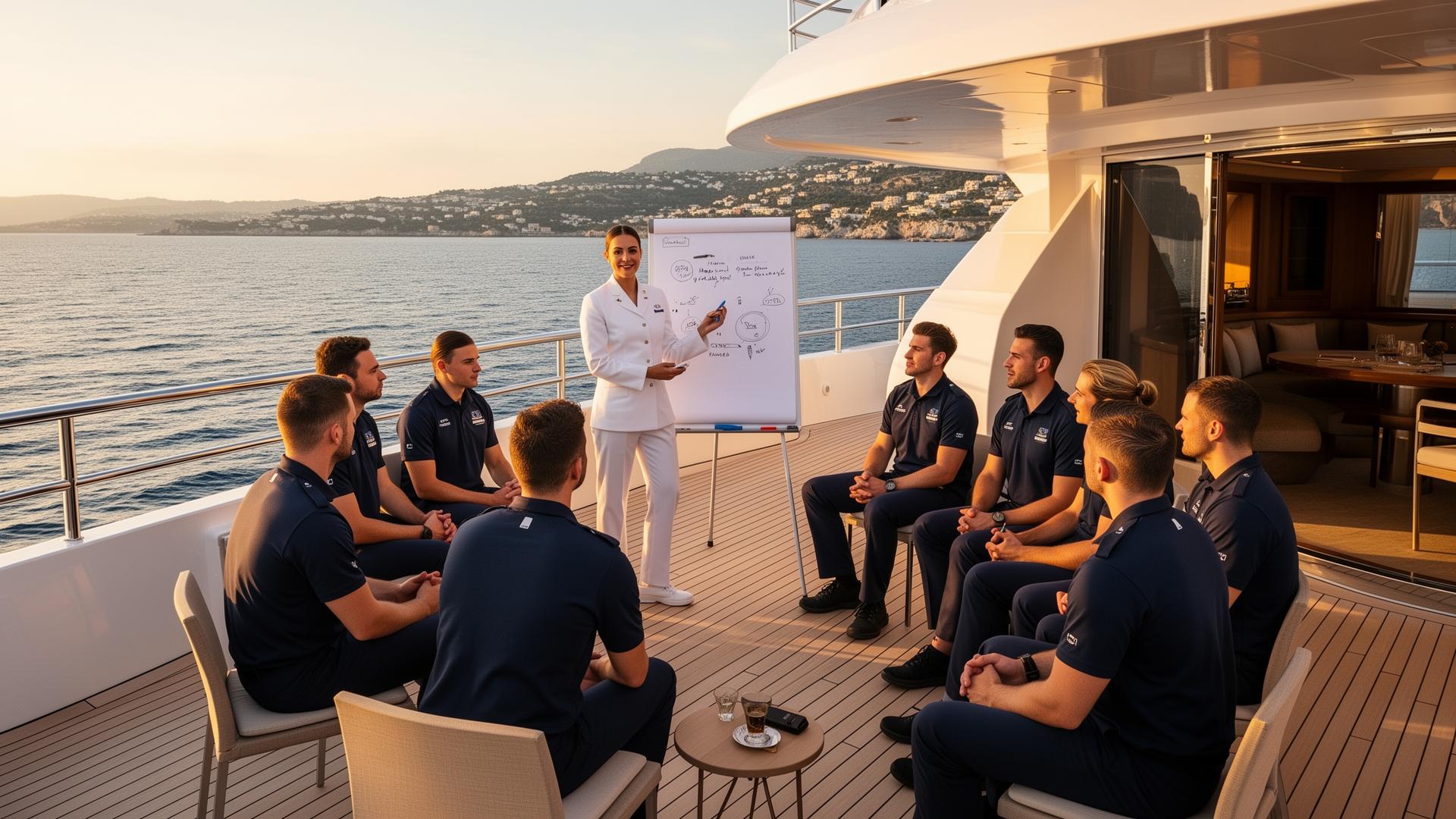 Leadership team workshop on a superyacht deck with head of department facilitating crew discussion