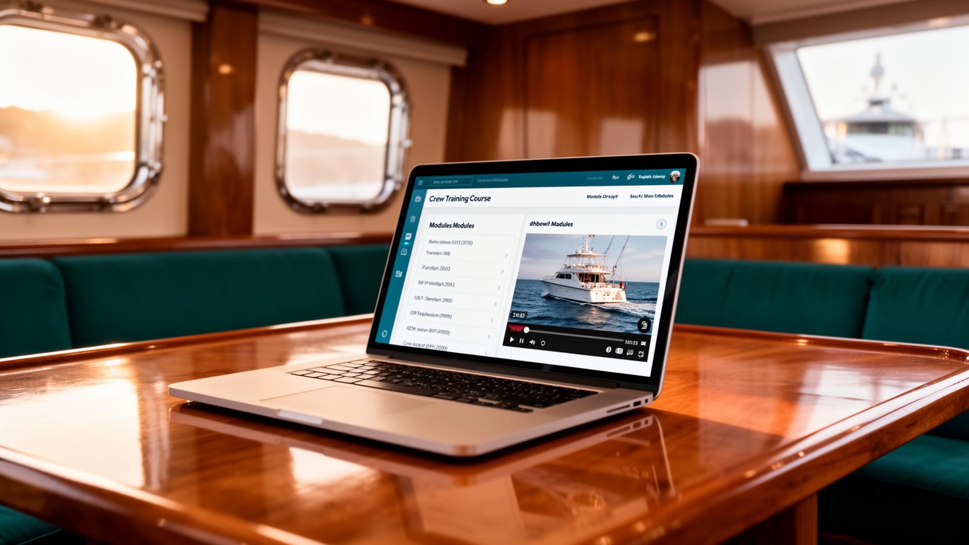 Laptop with yacht crew training course on a teak yacht interior table